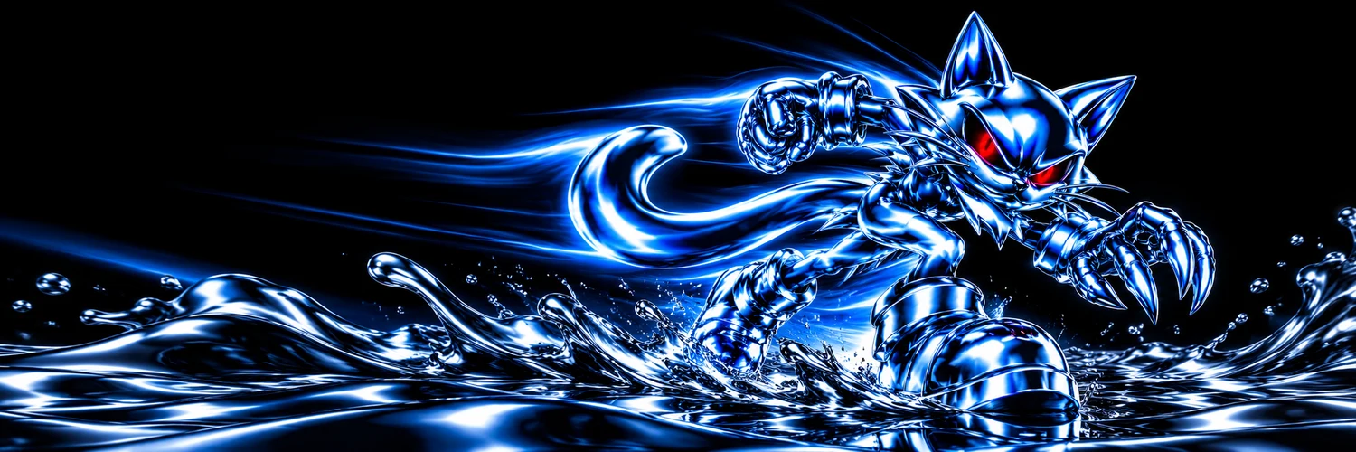 Sifcat racing across liquid chrome with electric blue trails