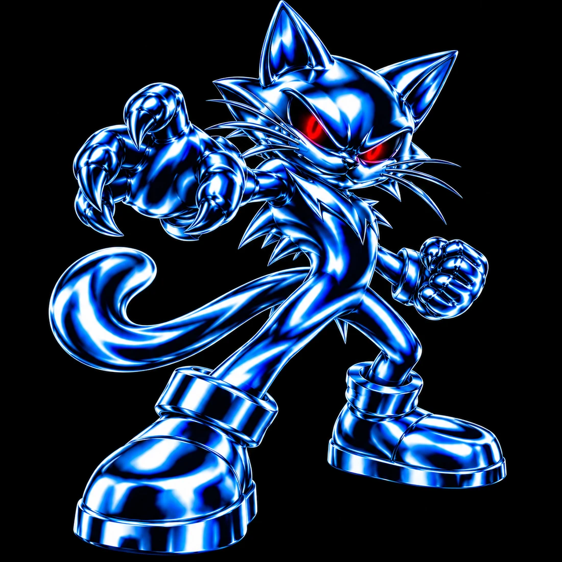 Sifcat, a blue chrome cat with glowing red eyes, reaching toward you