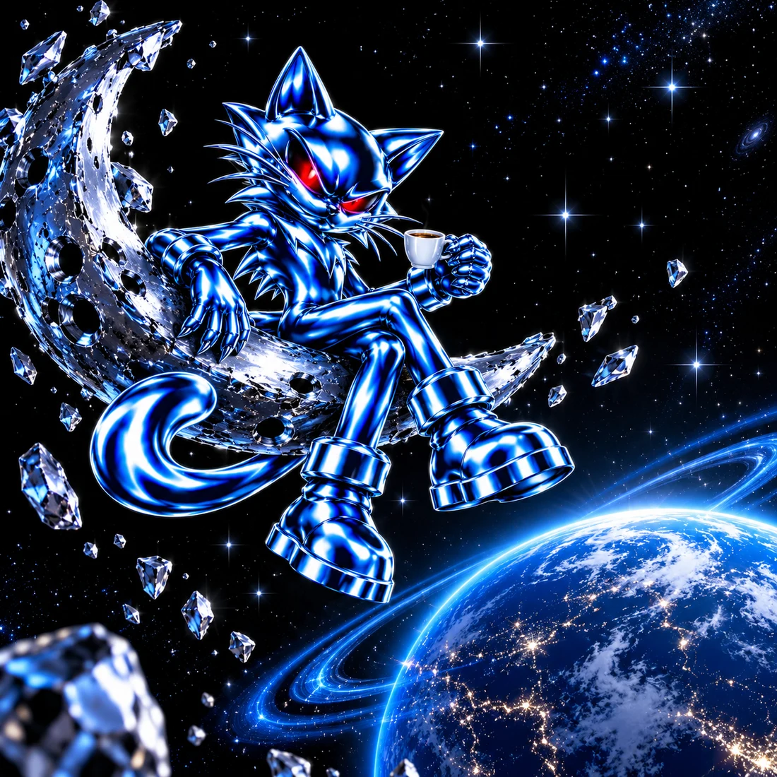 Sifcat enjoying espresso on chrome debris above a blue planet