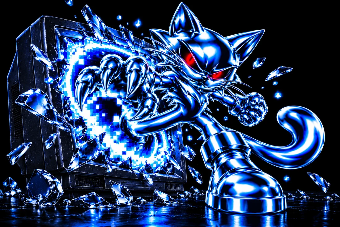 Sifcat escaping a shattered CRT monitor through a blue portal
