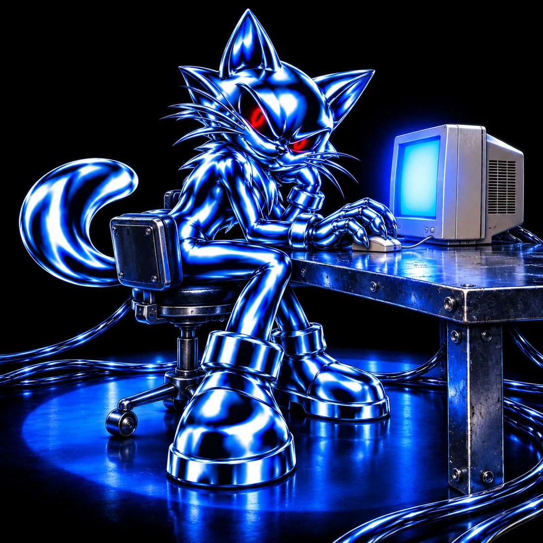 Chrome Sifcat hunched at a tiny beige computer